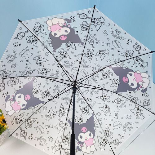 Factory Wholesale Sandpaper Transparent Umbrella Children Cartoon Student Umbrella Sanrio Kuromi Long Handle Automatic Transparent Umbrella