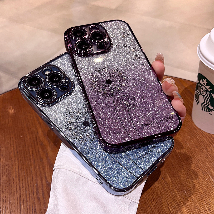 Diente de diente de león de diamantes de imitación de polvo brillante degradado para iphone14 Apple 16ProMax funda para teléfono móvil 15 hombres y mujeres 13 suave 12