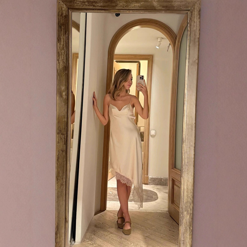 Foreign Trade Wholesale Autum 2025 New Women's European and American Style Fashionable Lace Silk Satin Texture Sleeveless Suspender Dress