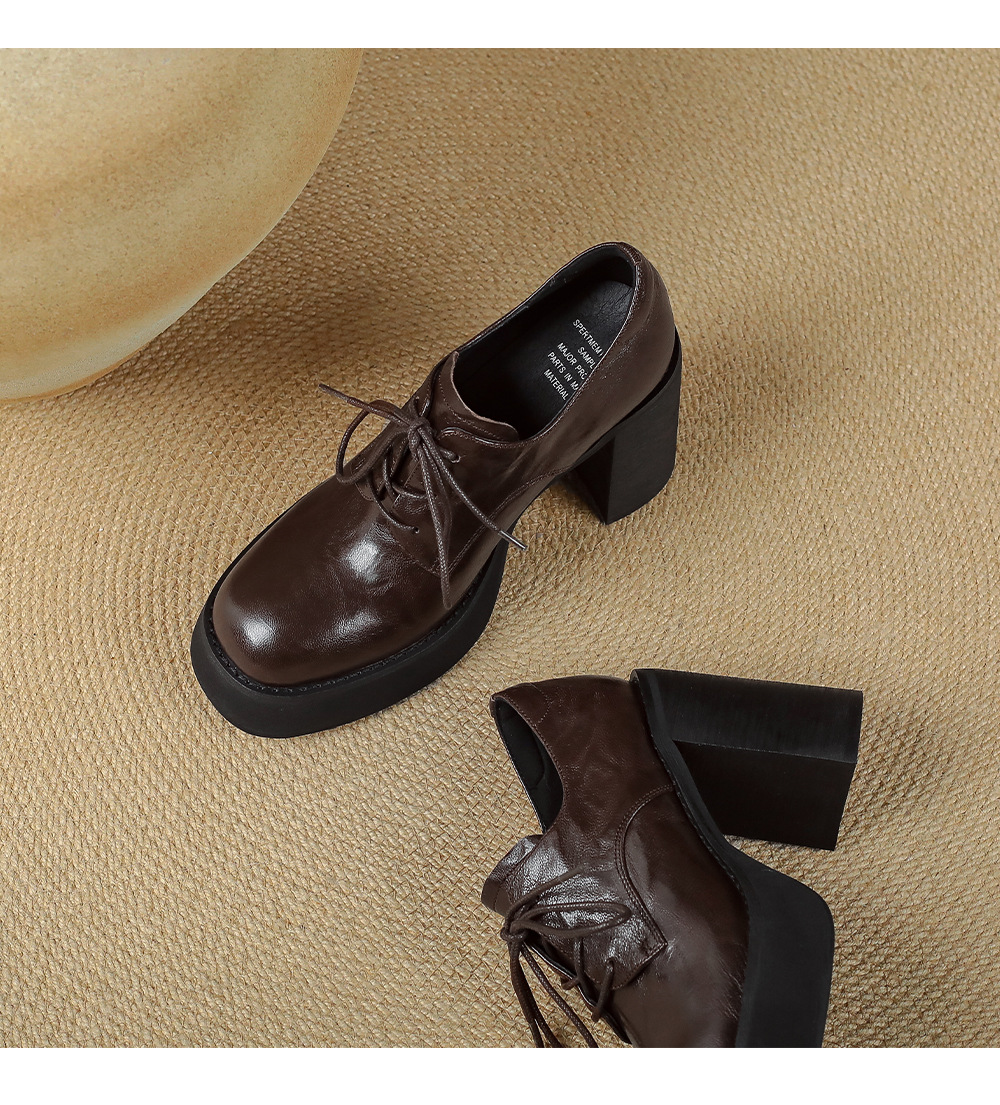 Giày cao gót nữ gót vuông 10cm phong cách Anh quốc buộc dây — màu nâu chi tiết 16