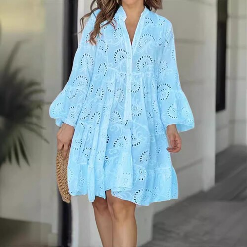 In stock: 2025 European and American cross-border spring/summer Amazon solid-color V-neck loose embroidered hollow-out lace dress