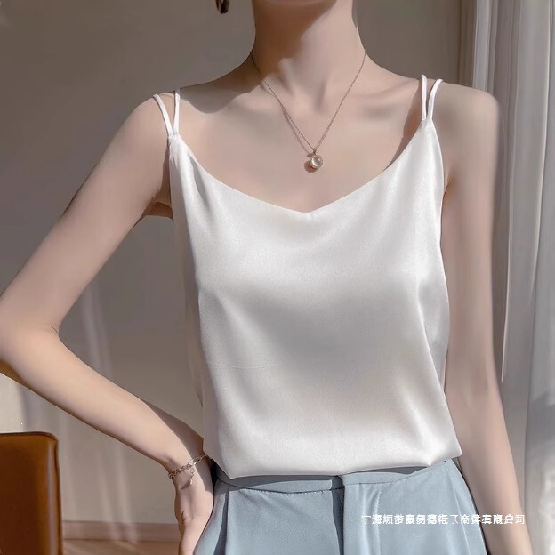 2025 Women's Camisole with White Backless Design, Acetate Silk Satin Top, Summer Blazer-Style Base Shirt, Non-Stretch