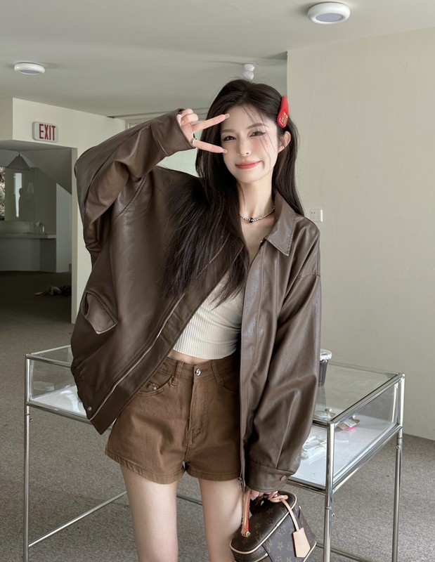高级感美拉德咖色皮衣外套女秋冬美拉德皮夹克宽松百搭机车服上衣|undefined
