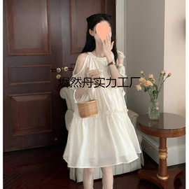 纯欲风露肩绑带圆领连衣裙女新款夏季温柔系气质甜美初恋裙子