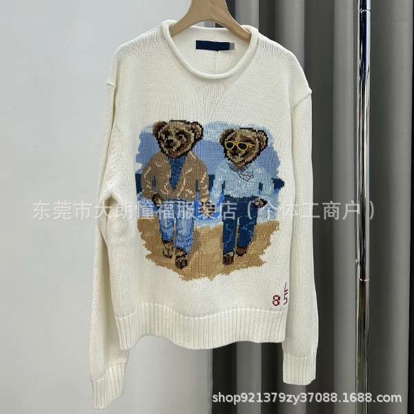 2024 Autumn and Winter New Double Bear Embroider Loose Ins Casual Cotton Roll Collar Pullover Long-Sleeved Top Knitwear for Women