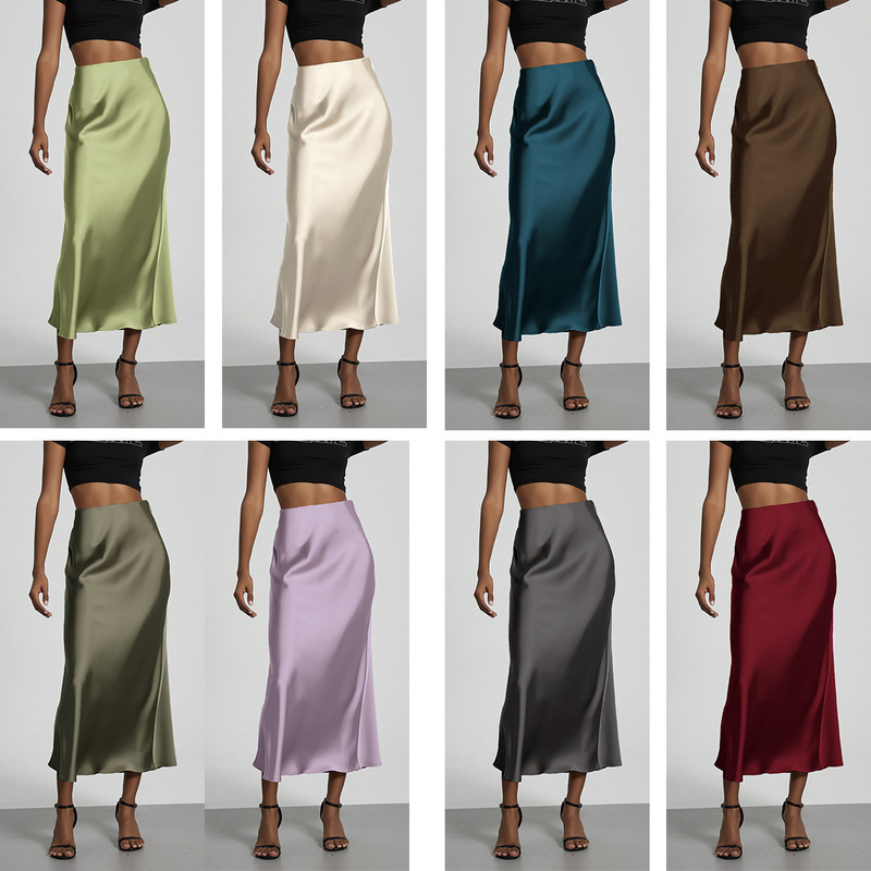 In-Stock Cross-Border Women's Clothing Wholesale European and American Style Elegant Satin Midi Skirt Slimming and Flowy