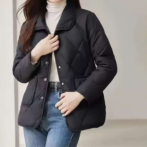 女士翻领棉服短款2025菱形格薄款夹棉秋冬外套棉衣其|undefined