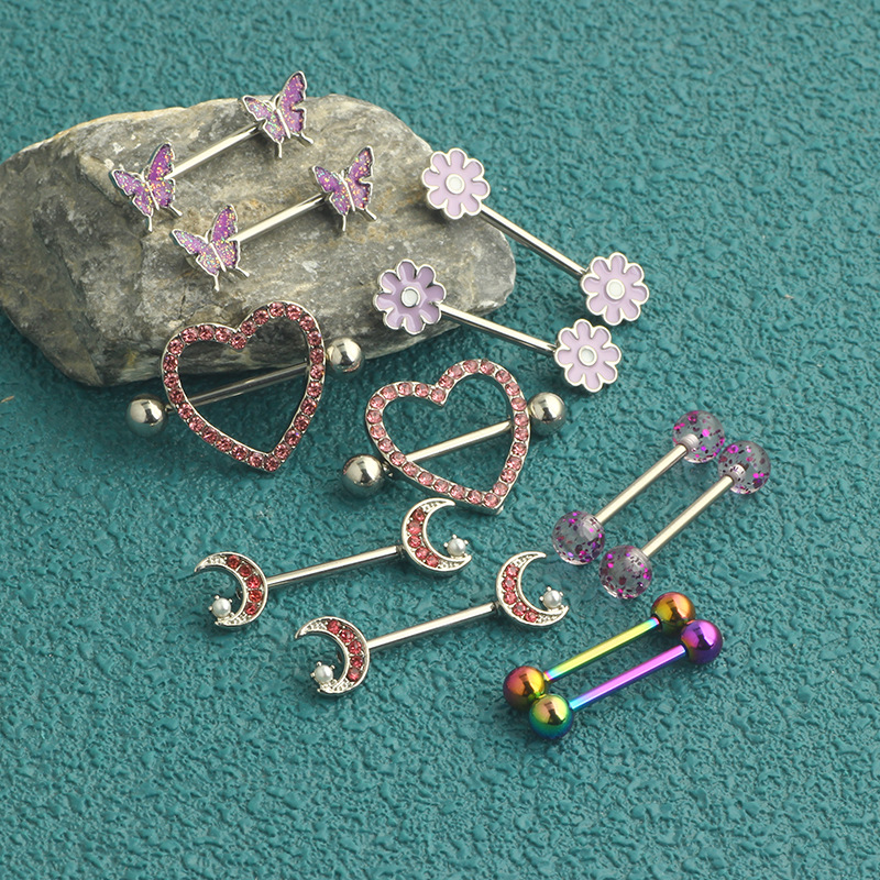 12-Piece Stainless Steel Dripping Chrysanthemum Nipple Ring Set with Zircon Nipple Nail - Body Piercing Jewelry detail image 9
