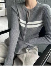 欧洲站2023秋季新款欧货女时尚休闲条纹拉链短款羊毛针织开衫外套