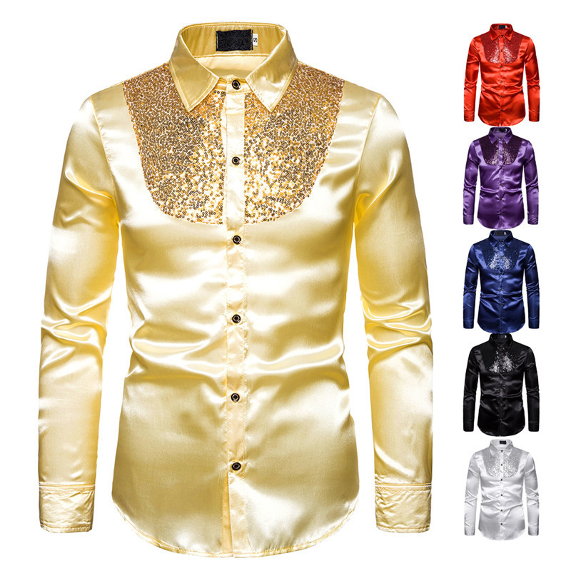Men's Shirt Sequin Performance Nightclub Men's Host Emcee Cross-Border Men's Lapel Long-Sleeved Shirt S09 Men's Shirt Sequin Performance Nightclub Men's Host Emcee Cross-Border Men's Lapel Long-Sleeved Shirt S09