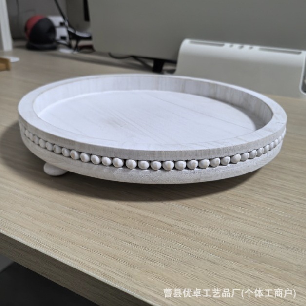 现货木珠托盘法式乡村家用茶盘咖啡厅餐盘桐木做旧圆形串珠收纳盘|undefined