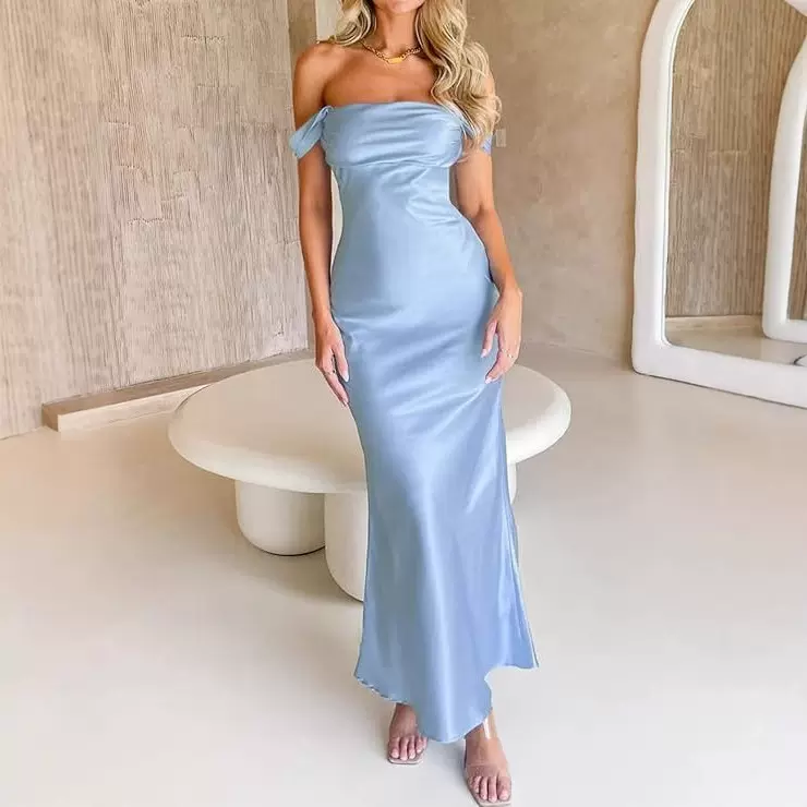 欧美外贸晚礼服女装跨境亚马逊春季一字肩抹胸轻奢缎面性感包臀长