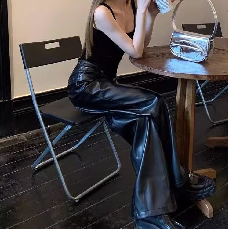 Black PU Leather Pants Casual Pants Women's Autumn High Waist Loose Straight Pants American Style Retro Wide Leg Trousers