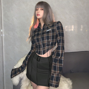 Original Workmanship plus size chubby girl American Style Street Plaid Retro Top Autumn Spice Girl Strap Zipper Long Sleeve Shirt