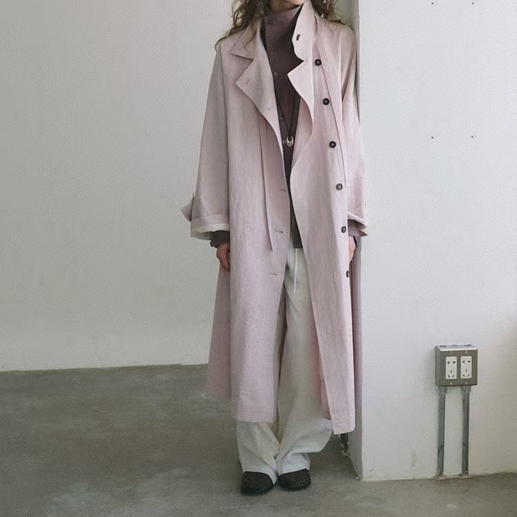 Wrinkled Cotton Lazy Style Stand Collar Design Trench Coat Mid-Length Loose Casual Jacket for Women Spring Season Direct from Manufacturer