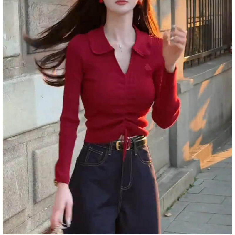 レッドウェア V ネックセーター女性のための 2024 新しい秋スリムフィット見栄えの良いトップ巾着長袖セーター|undefined