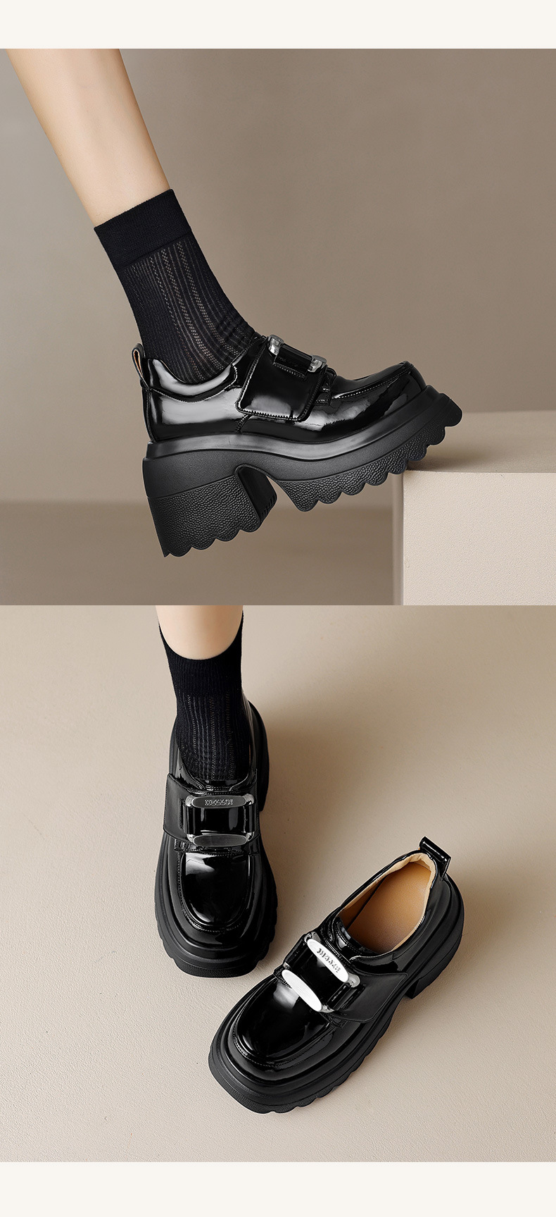 Giày loafer nữ đế xuồng platform phong cách Anh quốc, gót cao 6 cm, mũi tròn, quai ngang dán — Đen bóng, Be bóng chi tiết 9