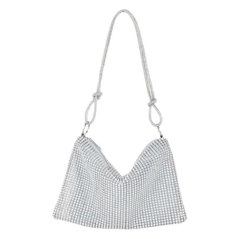 En stock 2023 nuevo rhinestone neto de imitación transfronteriza anudada bolsa de la Media Luna axilas de diamantes de imitación de moda con un solo hombro bolso de Noche del partido