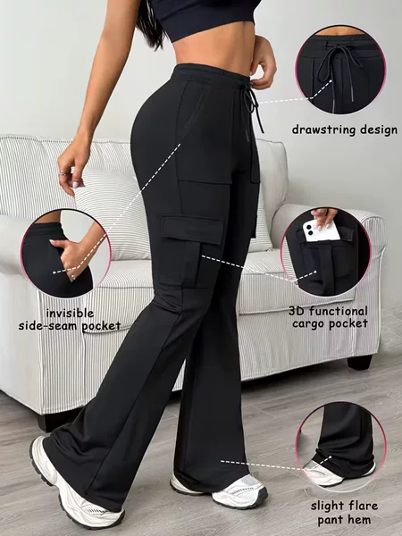 European and American Style High-Waisted Drawstring Flared Cargo Pants Wide-Leg Pants Health Fabric Women's Long Pants Comfortable Casual
