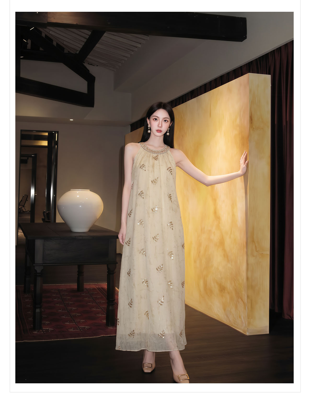 Bộ váy đầm maxi thắt eo phong cách tân cổ điển thêu hoa kết cườm — bộ đồ, váy liền, áo khoác chi tiết 12