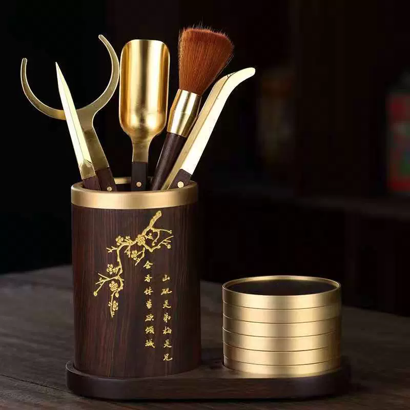 梅兰竹菊茶道六君子组合实木黑檀套装纯铜功夫茶具轻奢配件批发