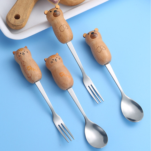 Cartoon stainless steel spoon and fork, cute ins style wooden handle Korean style red panda coffee dessert spoon and fork