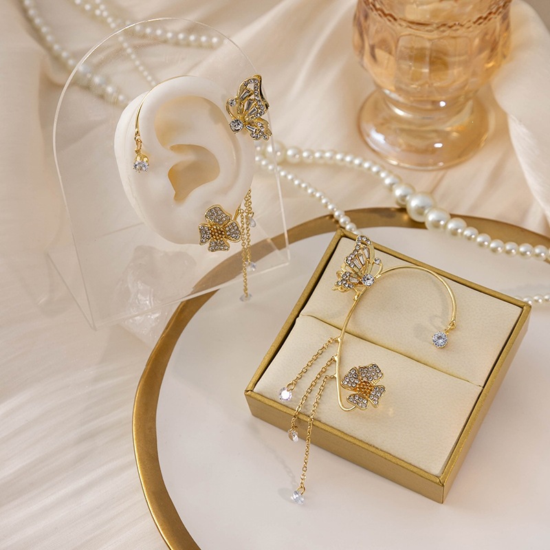 Super Fairy-Like Butterfly Integrated Ear Cuffs, High-End Diamond-Encrusted Floral Earrings, Asymmetrical Chain Tassel Ear Cuffs