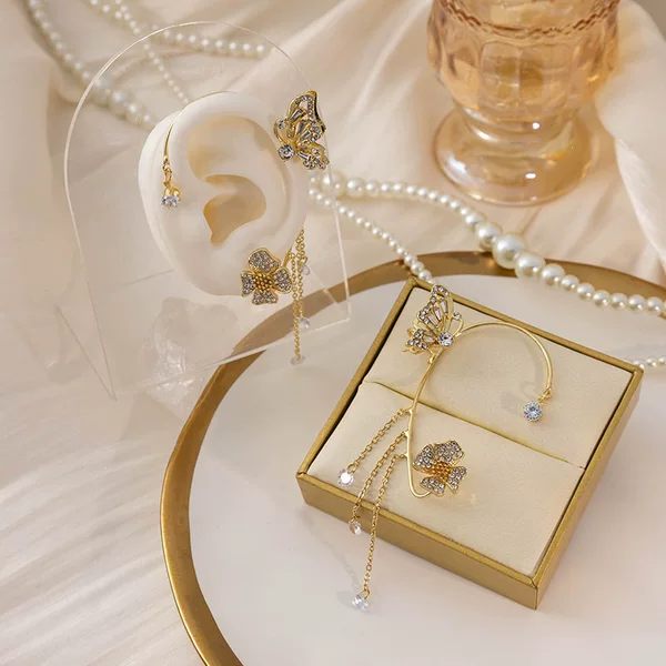 Super Fairy-Like Butterfly Integrated Ear Cuffs, High-End Diamond-Encrusted Floral Earrings, Asymmetrical Chain Tassel Ear Cuffs
