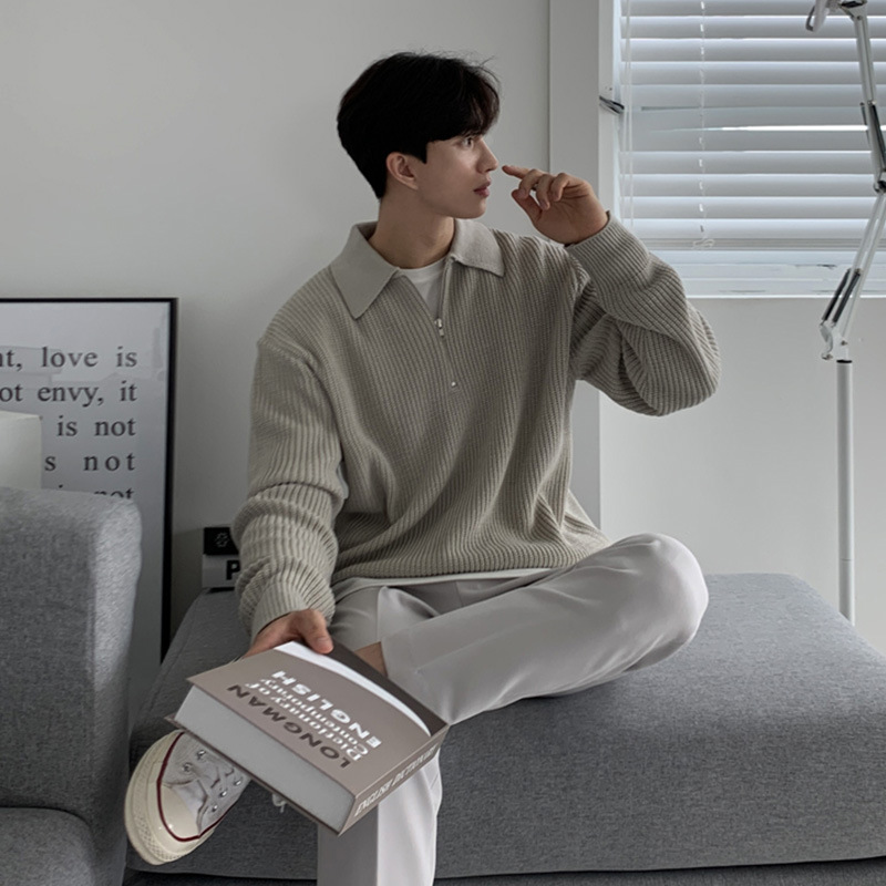 Suéter de estilo maduro ligero para hombres de alta gama 2024 nuevo top de media cremallera de moda coreana top de suéter suelto