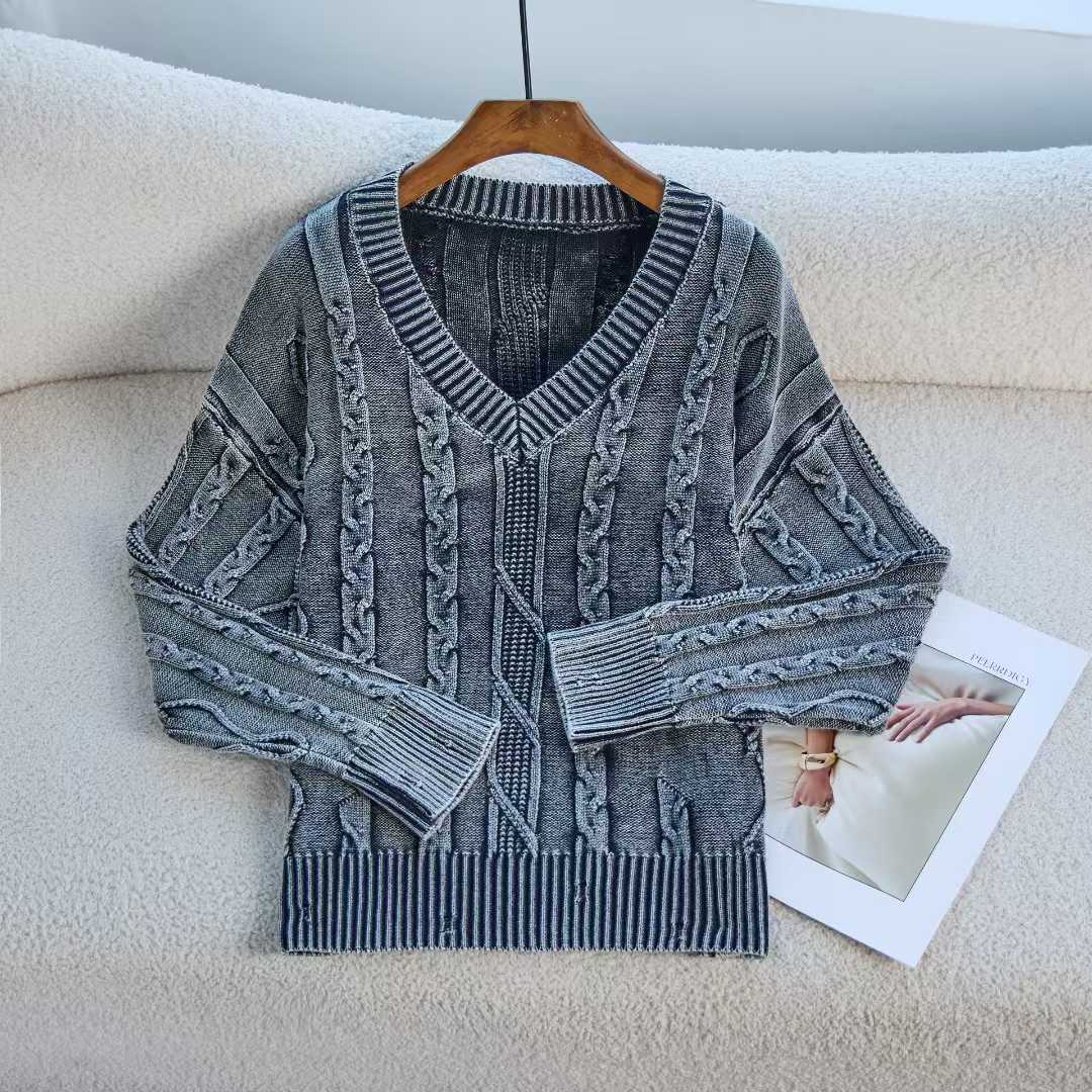 Coreano retro torcido cuello en V manga larga camiseta de punto suelta nuevo otoño y invierno hacer viejos agujeros suéter mujer ropa exterior image 5