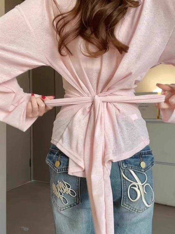 2025新款夏季薄款粉色冰丝海边绑带防晒罩衫女凉感微透甜辣妹t恤|undefined