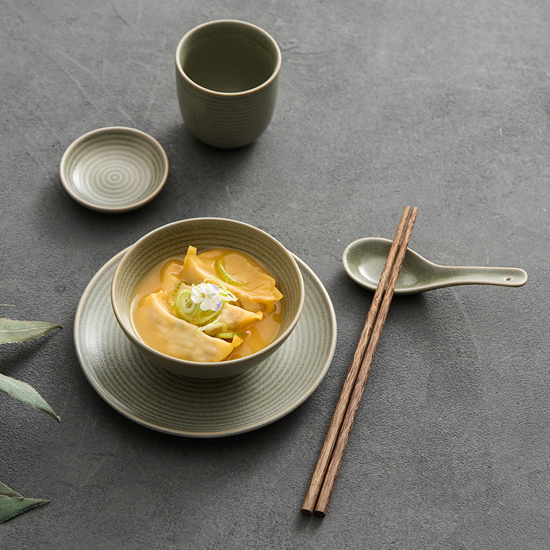 Olive Green Threaded Bowl and Plate Set for One Person, Light Luxury Household Single-Person Tableware, Rice Bowl, Soup Plate, Ceramic Tableware Wholesale Olive Green Threaded Bowl and Plate Set for One Person, Light Luxury Household Single-Person Tableware, Rice Bowl, Soup Plate, Ceramic Tableware Wholesale