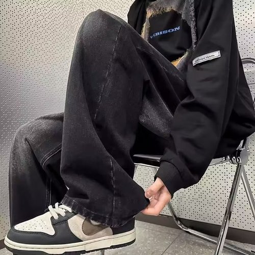 Men's Spring and Autumn Washed Straight Leg Jeans, American Loose Wide Leg Casual Retro Streetwear Brand with Drape Floor-Length Pants
