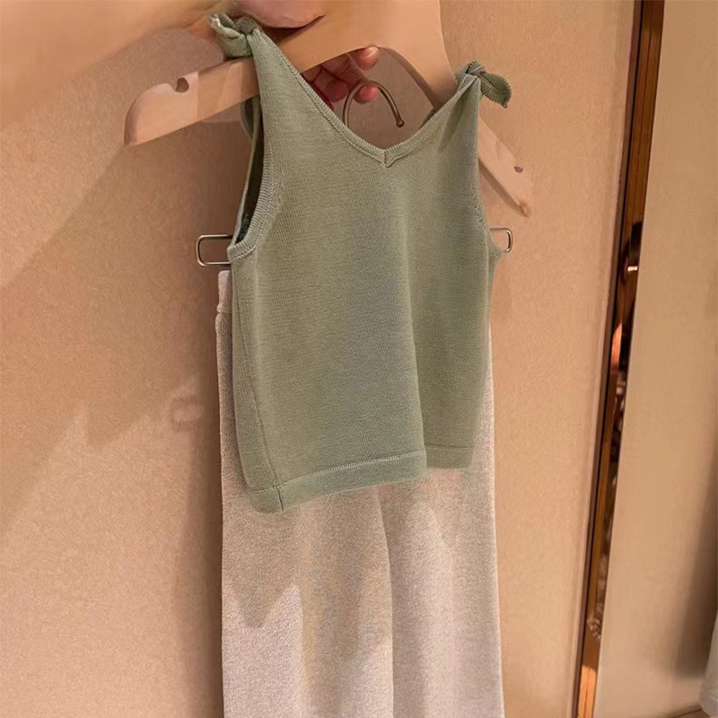 2023 New Combed Cotton Milk Green Backless Top with Multicolored Gold-Plated Wide-Leg Pants for Girls, Summer Thin Knit Top Set