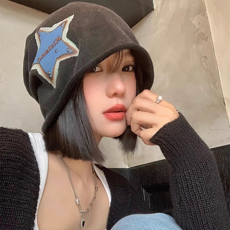 Korean-Style Star Print Slouchy Beanie Autumn and Winter Warm Women's Summer Casual Thin Turban Hat Face-Slimming Cold Hat