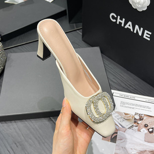 French Style Rhinestone Buckle Summer Outer Wear Slippers Women's New High Heel Genuine Leather Square Toe Half Slippers Women's Shoes Sheepskin Muller Sandals