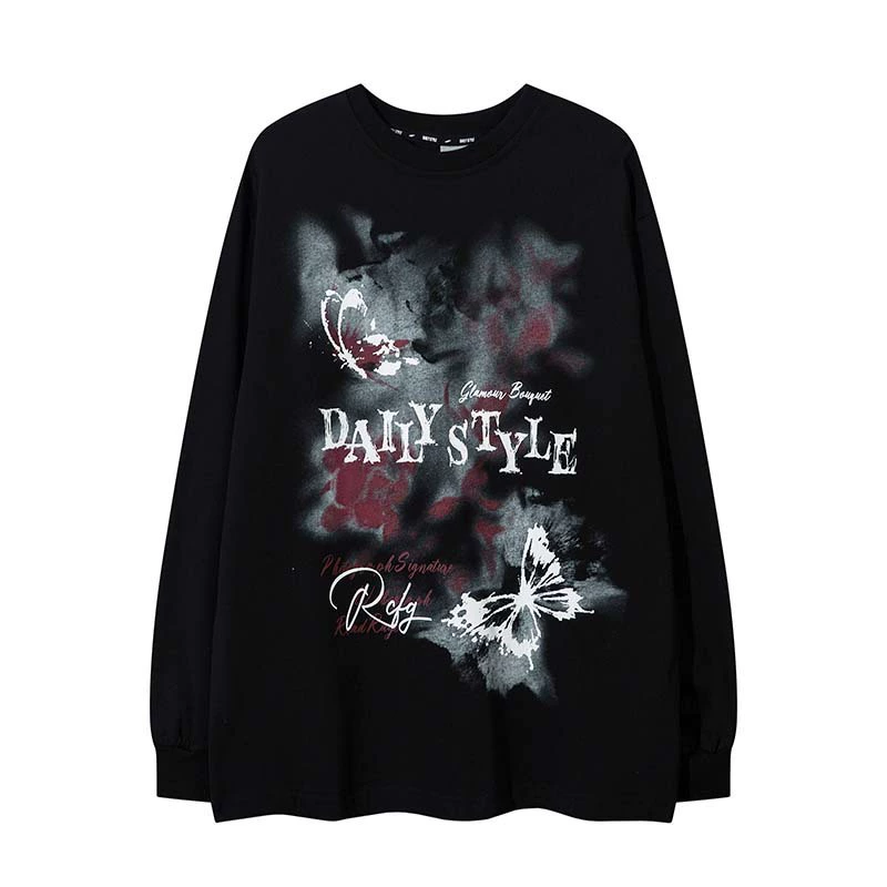 Уличный прилив бабочки с принтом с круглым вырезом с длинным рукавом футболка мужской хип-хоп ретро свободный повседневный дикий топ