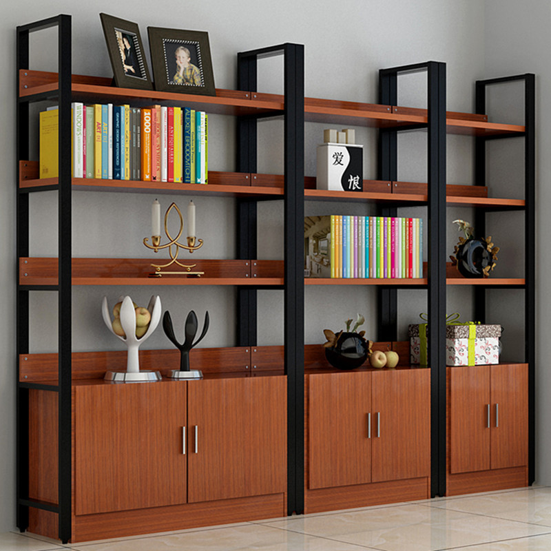 Bookshelf Storage Rack with Cabinet, Steel-Wood Shelf, Shoe Display Rack, Solid Wood Bookcase, Storage Cabinet, Simple Wall-Mounted Design