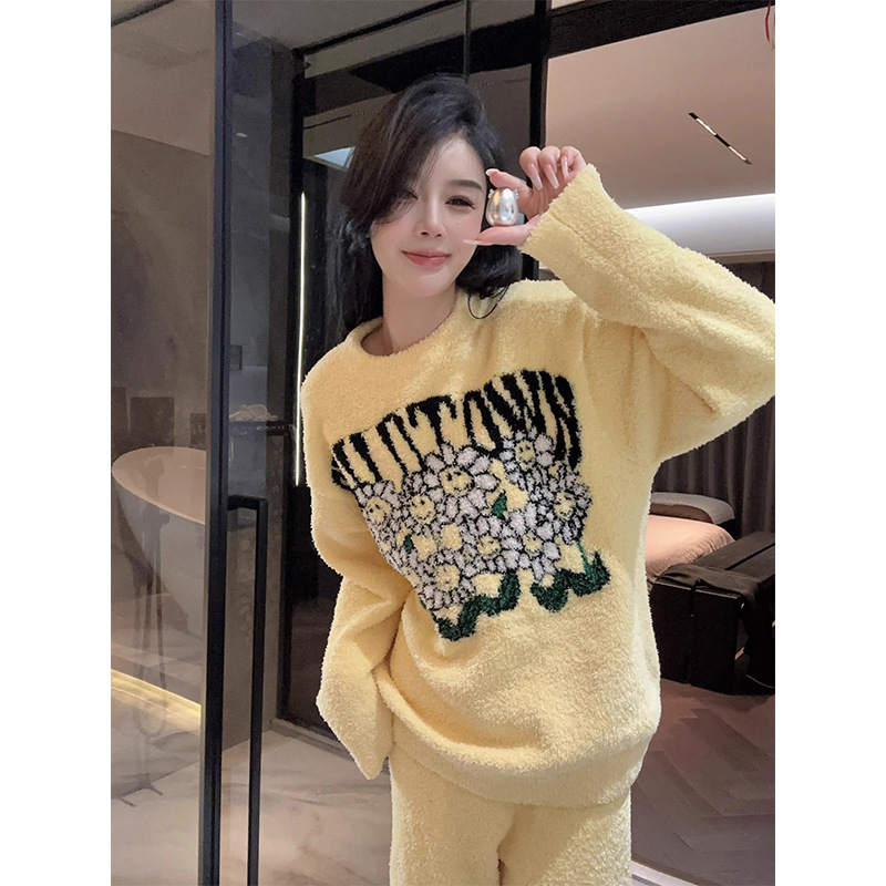 半边绒睡衣女秋冬季新款加绒加厚韩版可爱休闲宽松保暖家居服套装|undefined