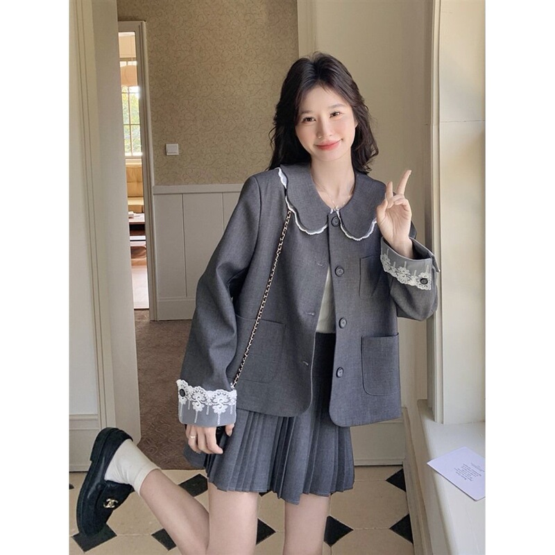 千金风显瘦娃娃领西装两件套女春2025秋季一整套穿搭百褶短裙套装|undefined