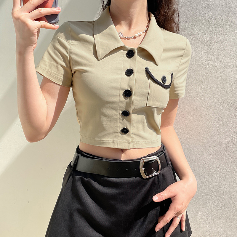 buttoned solid color lapel short sleeve slim T-shirt NSSSN133187