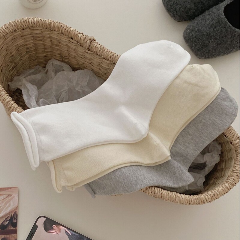 Basic Versatile Solid Color Rolled Edge Seamless Combed Cotton Socks Korean Women's Essential ~ Slouch Socks Japanese Light Gray Socks for Women