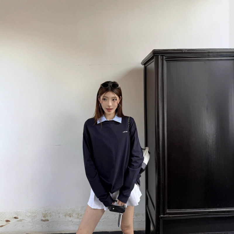 Correct Version in Stock High-Quality Mu New Chest Embroidered Long-Sleeved T-Shirt Os Loose Version Men's and Women's T-Shirt Correct Version in Stock High-Quality Mu New Chest Embroidered Long-Sleeved T-Shirt Os Loose Version Men's and Women's T-Shirt