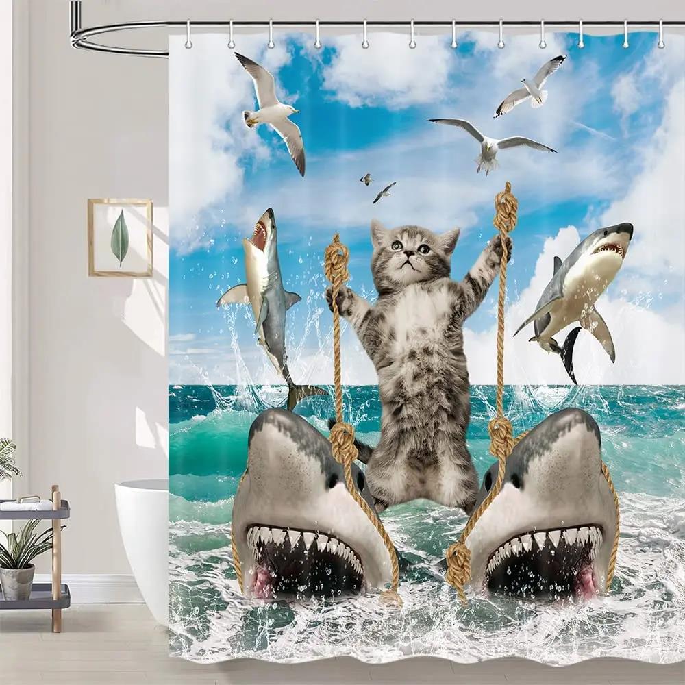 Divertida cortina de baño valiente gato sostiene tridente flecha montar tiburones en las olas ballenas gatos cortina de baño conjunto baño