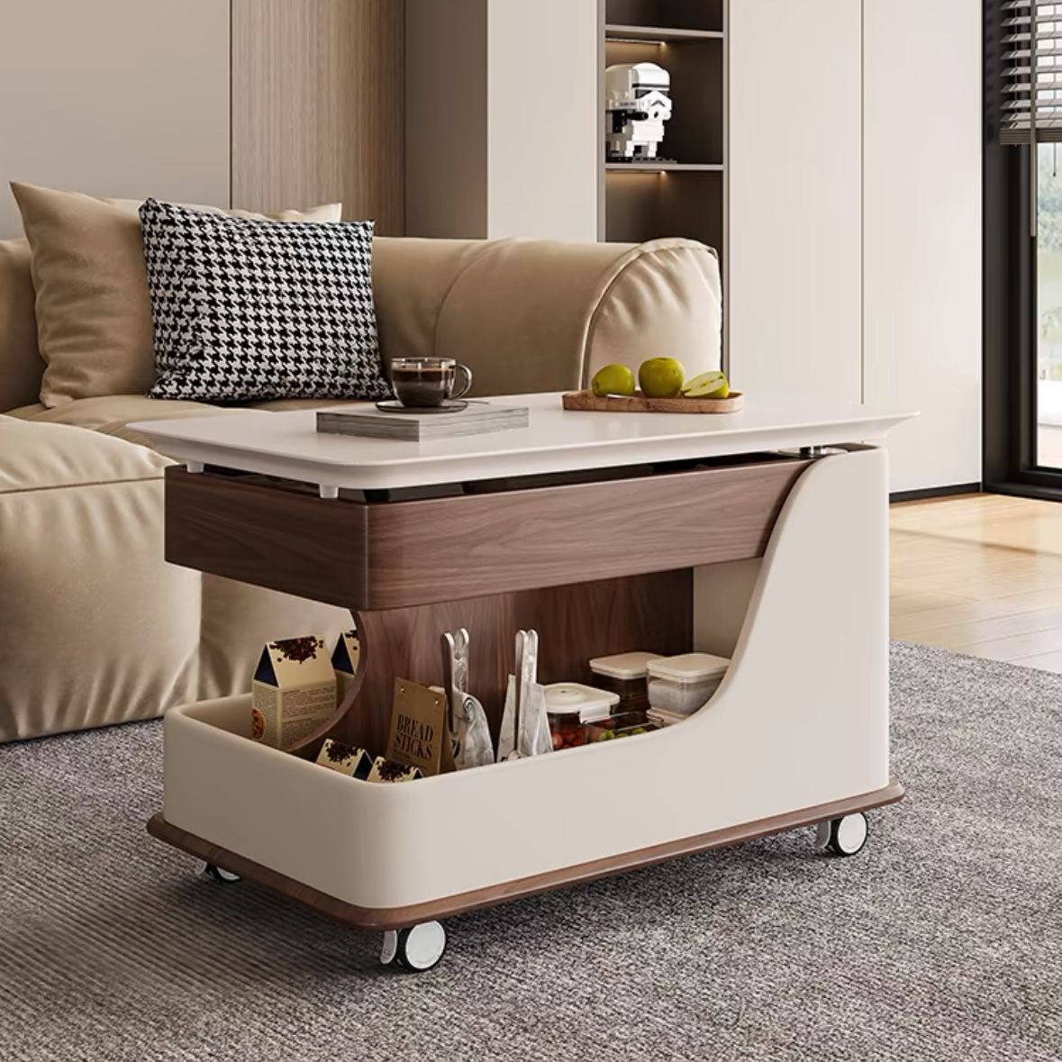 Salón de estar creativo pequeño hogar multifuncional carro lateral móvil mesa de té de madera maciza tabla de roca elevación estilo medieval
