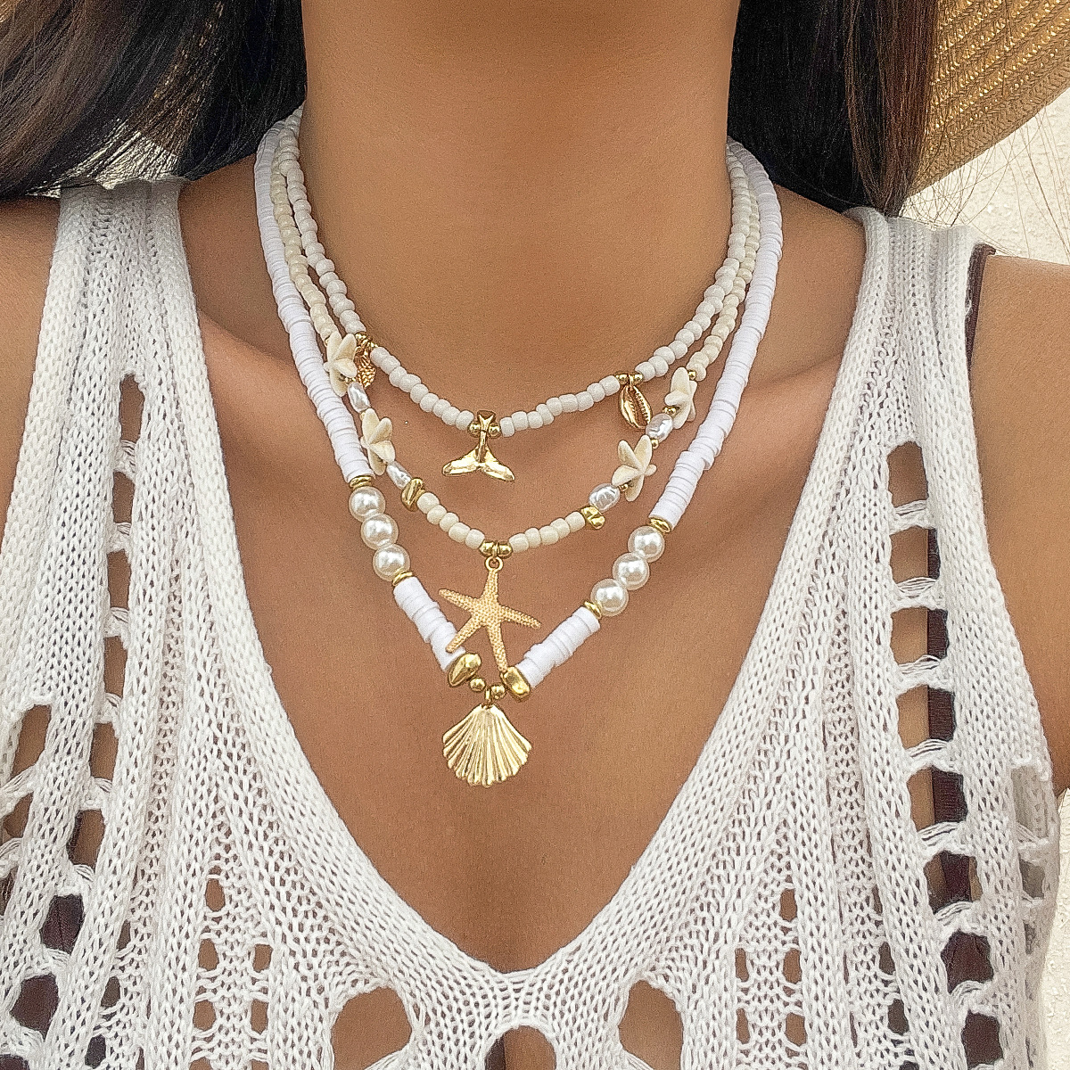 欧美跨境海洋风贝壳松石多层项链 沙滩海星串珠necklace项饰品女