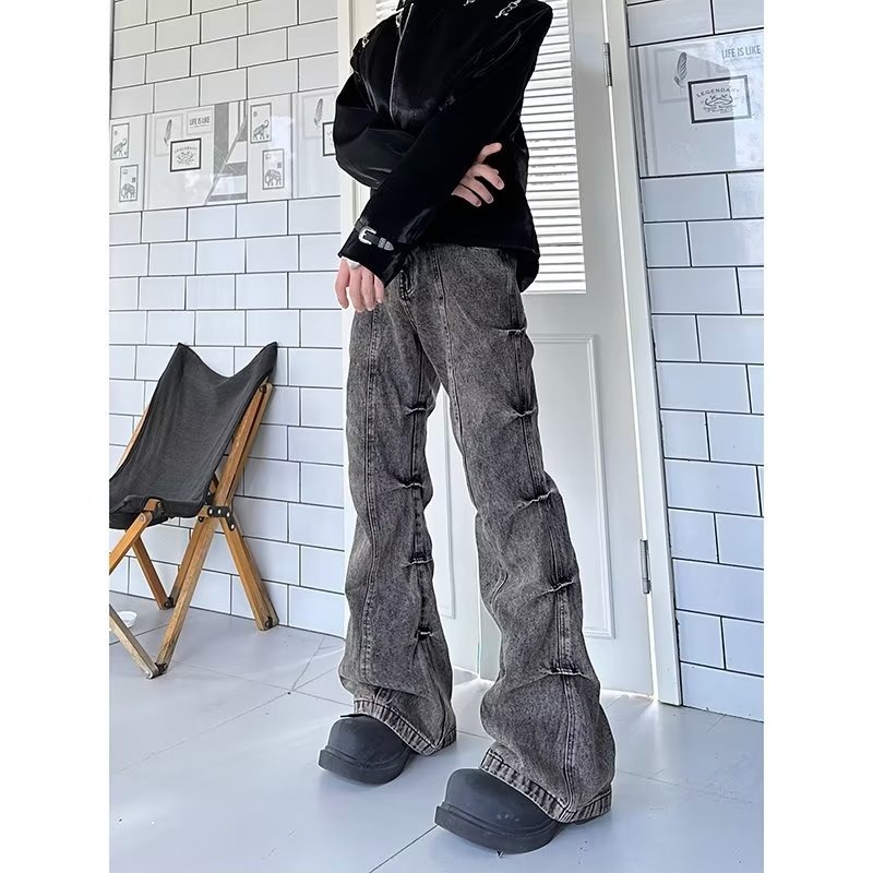 American High Street Vintage Worn-out Earth-tone Washed Pleated Flared Jeans Men's Wide-leg Trendy Long Pants_mkmklike.com