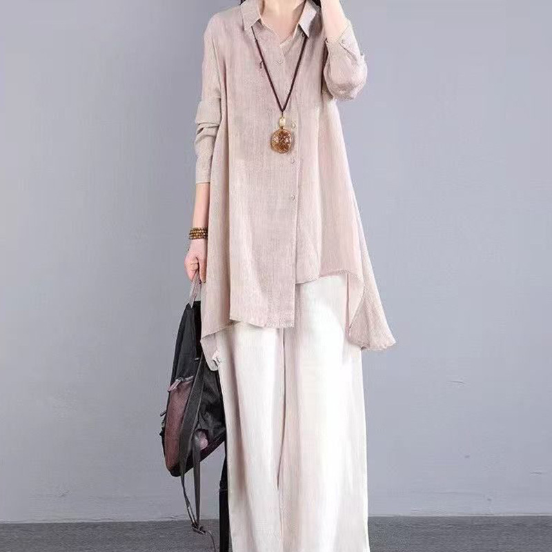 Irregular design POLO collar cotton and linen long sleeve shirt spring and summer new mid-length solid color retro women's clothing