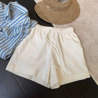 白色休闲棉麻阔腿短裤女夏季薄款松紧高腰抽绳小个子a字三分裤子