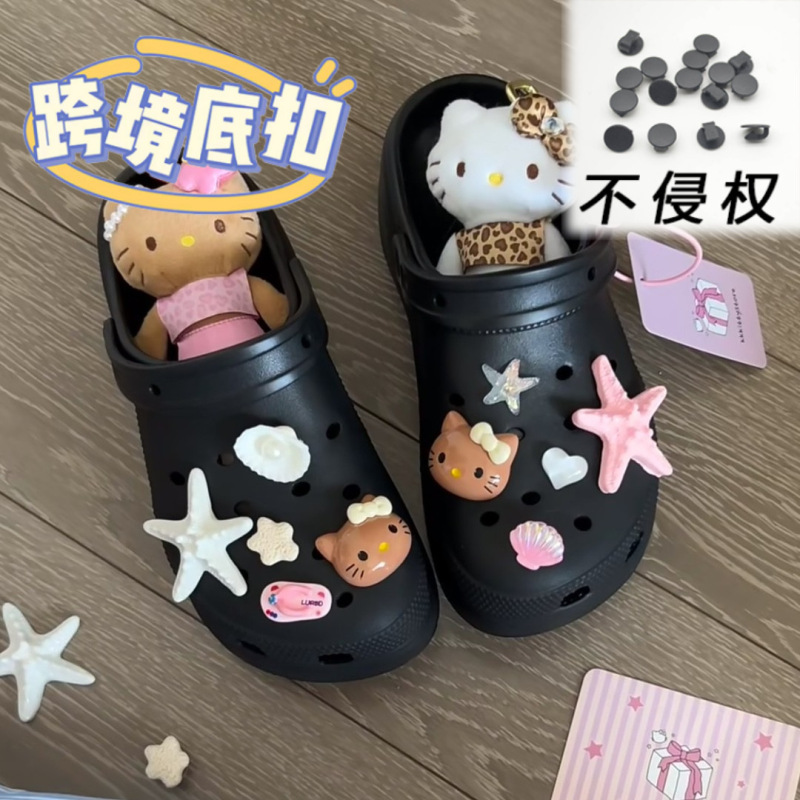 Summer Black Leather Kt Cat Hello Kitty Ocean Clogs Shoes Flower Shoe Buckle Starfish Cute Removable DIY Decoration